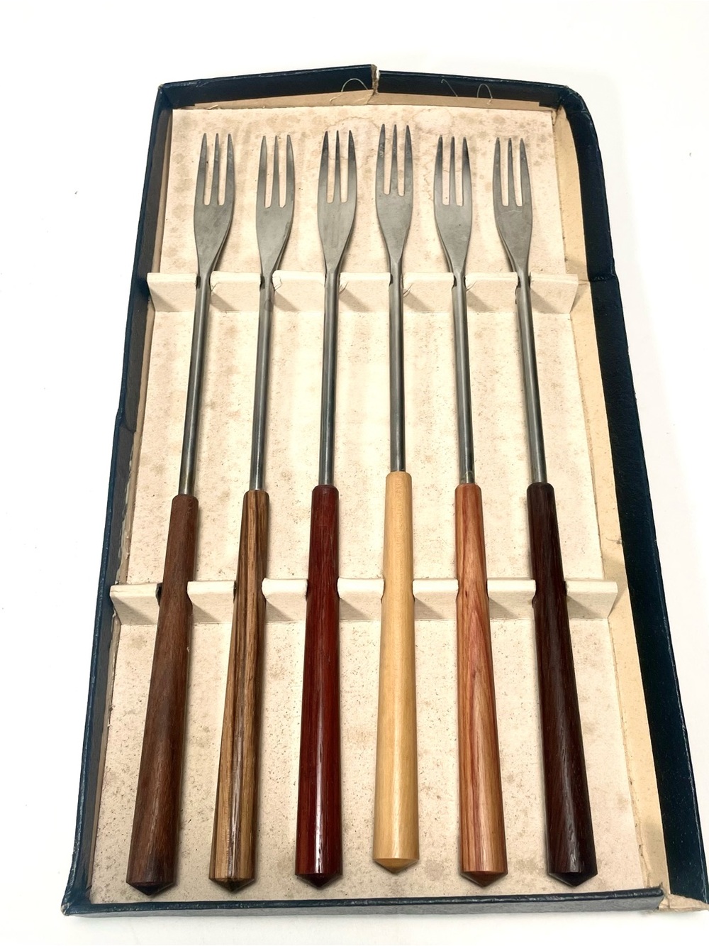 Vintage Mid Century Modern Cocktail Fondue Forks Set of 6 Mixed Wood Handles 10"